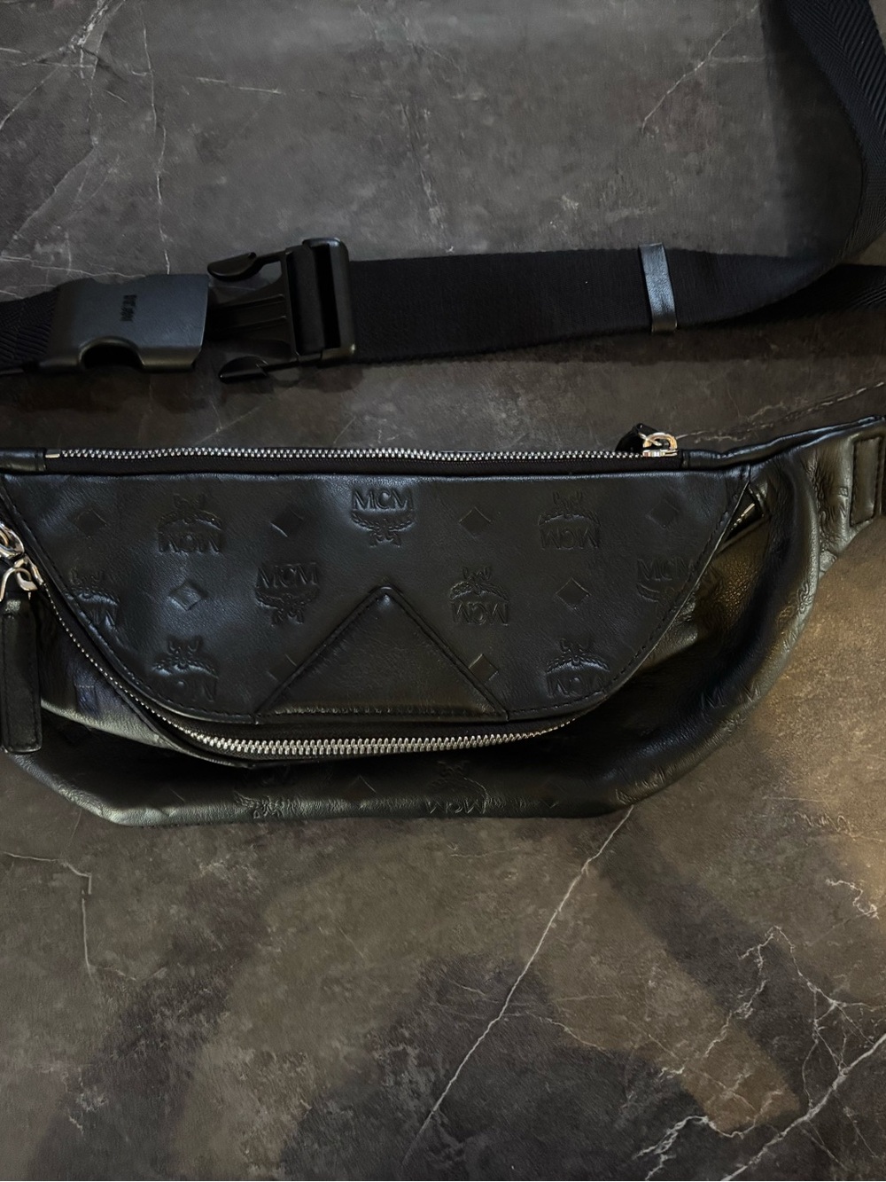 MCM Black Embossed Leather Belt Bag